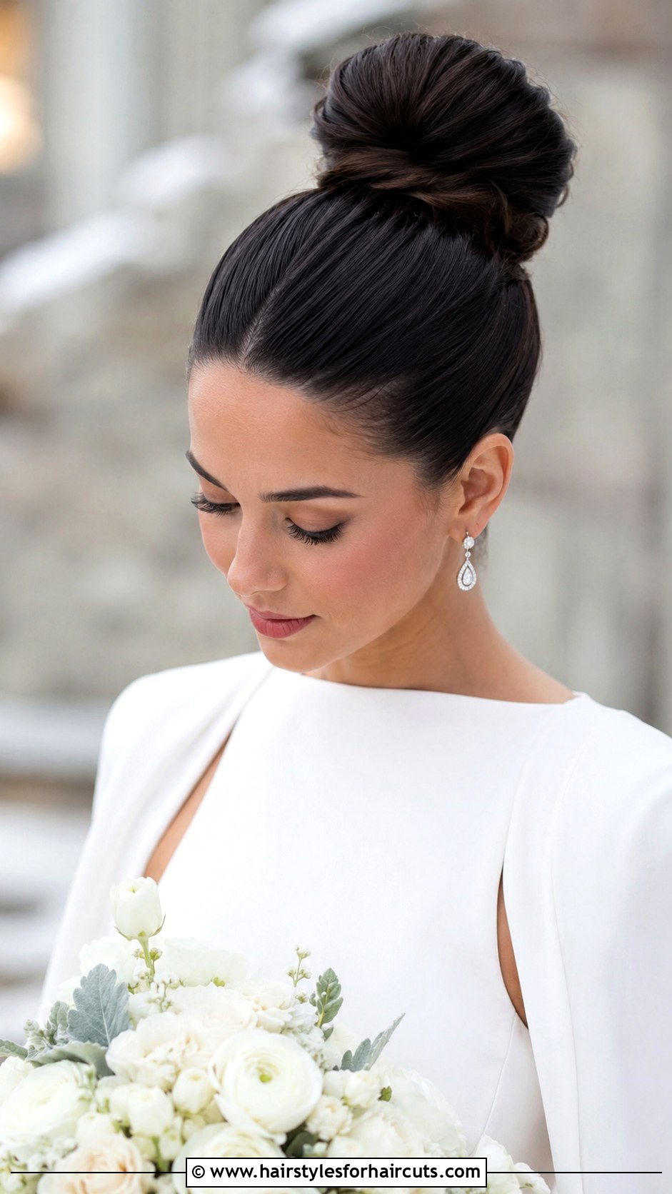 Polished Top Knot For Brides - 25 bride wedding hairstyles for long hair - 25 bride wedding hairstyles for long hair