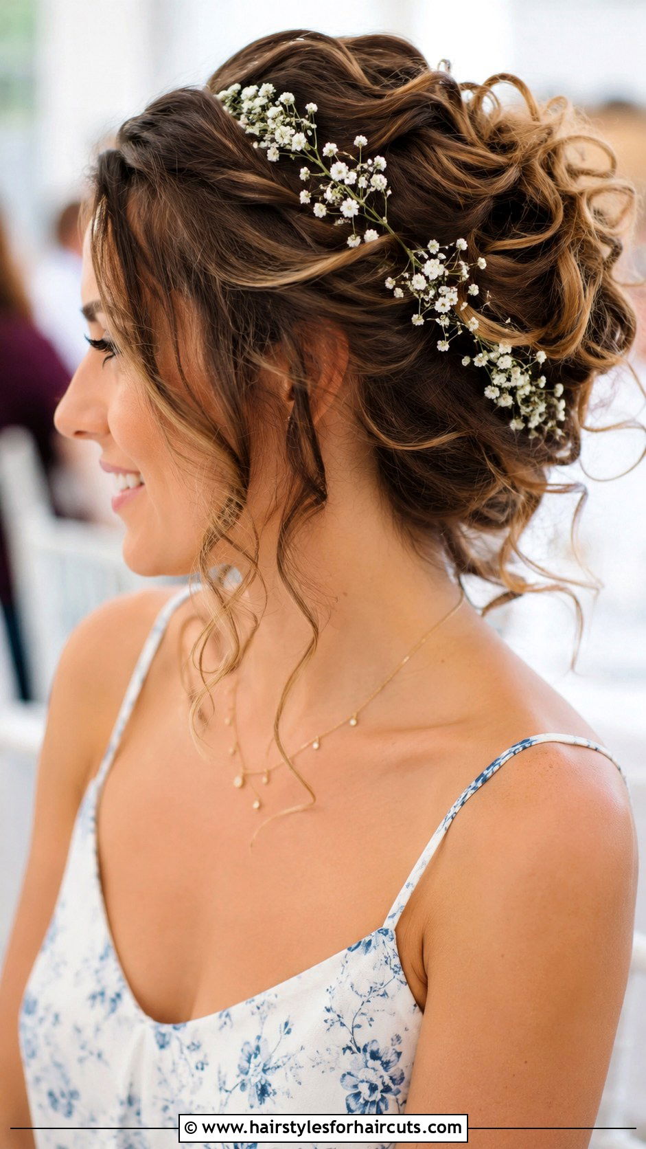 Romantic Curly Updo With Baby Breath - 25 updo hairstyles for curly hair wedding - 25 updo hairstyles for curly hair wedding