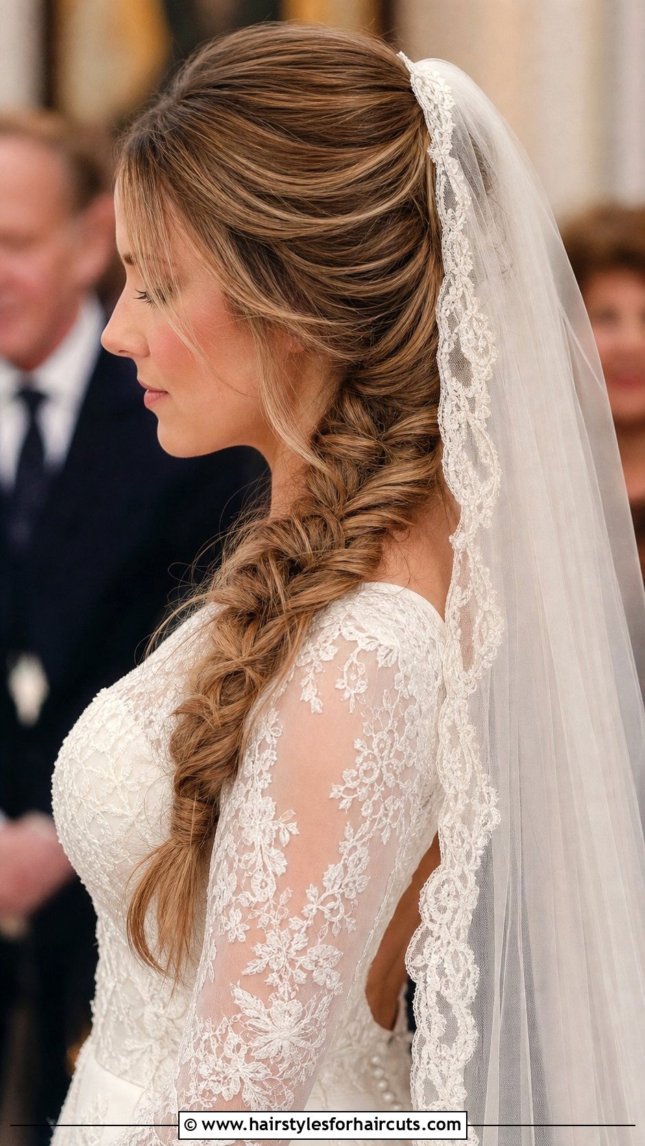 Romantic Fishtail Braid With Mantilla Veil - 25 hair down wedding hairstyles with veil - 25 hair down wedding hairstyles with veil