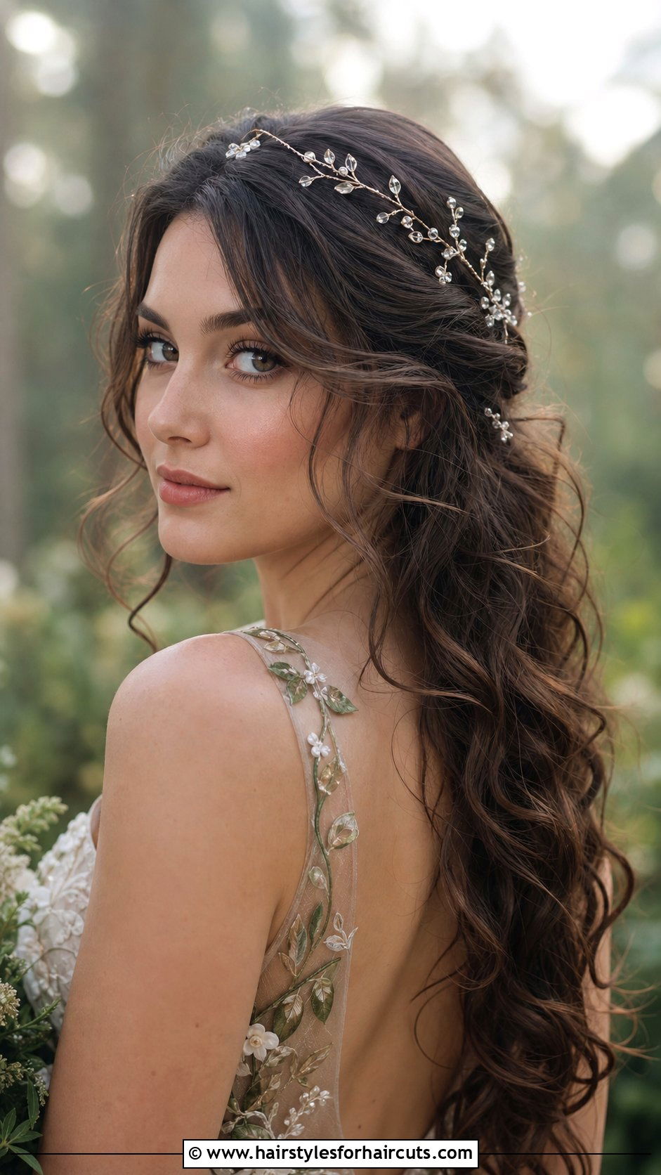 Romantic Loose Curls With Hair Vine - 25 bridal hairstyles for short curly hair - 25 bridal hairstyles for short curly hair