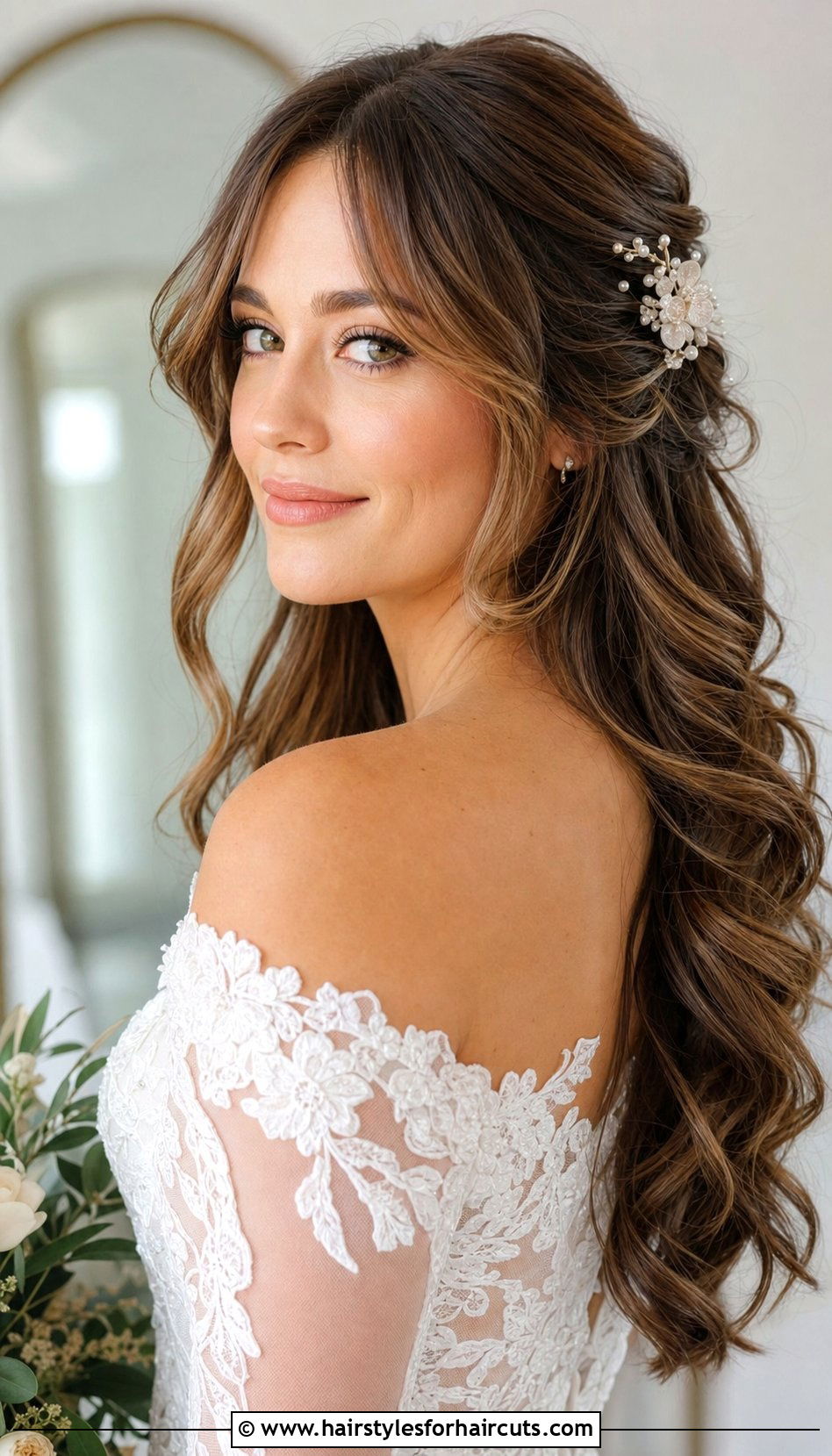 Romantic Loose Waves With Curtain Bangs - 25 wedding hairstyles with bangs for long hair - 25 wedding hairstyles with bangs for long hair