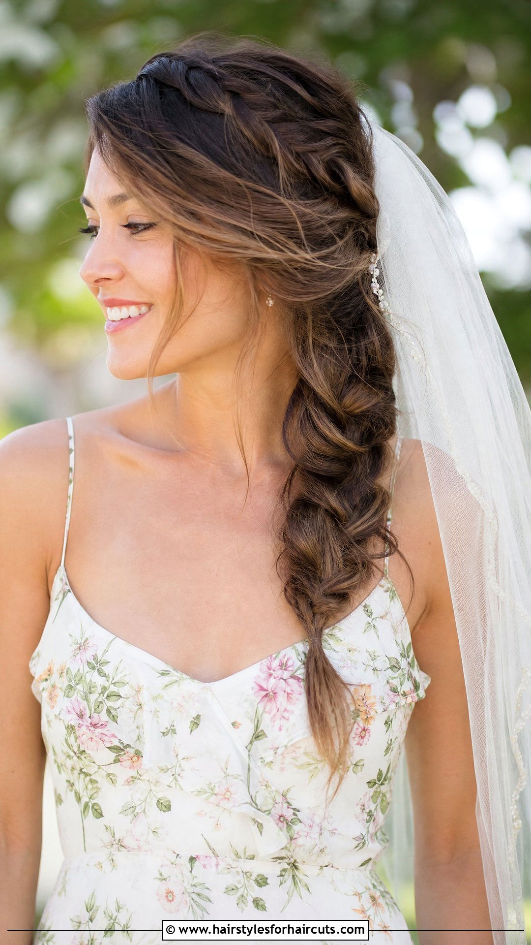 Romantic Side Braid Lob With Elbow Length Veil - 25 wedding hairstyles for short hair with veil - 25 wedding hairstyles for short hair with veil