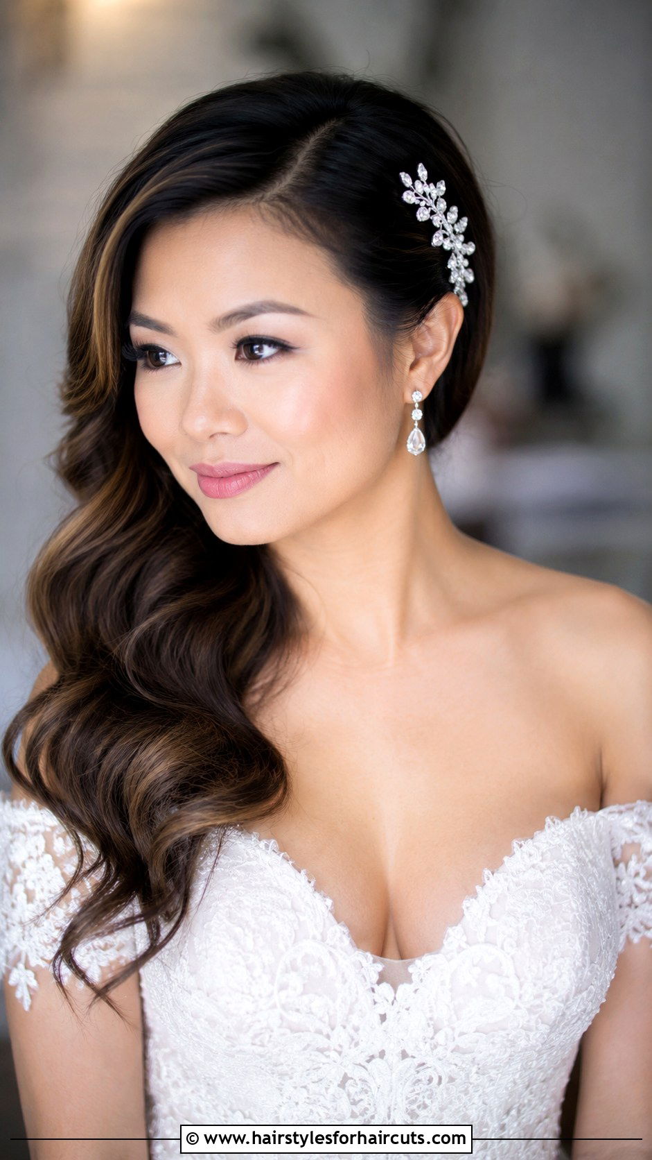 Romantic Side Swept Waves - 25 long hair korean wedding hairstyles - 25 long hair korean wedding hairstyles