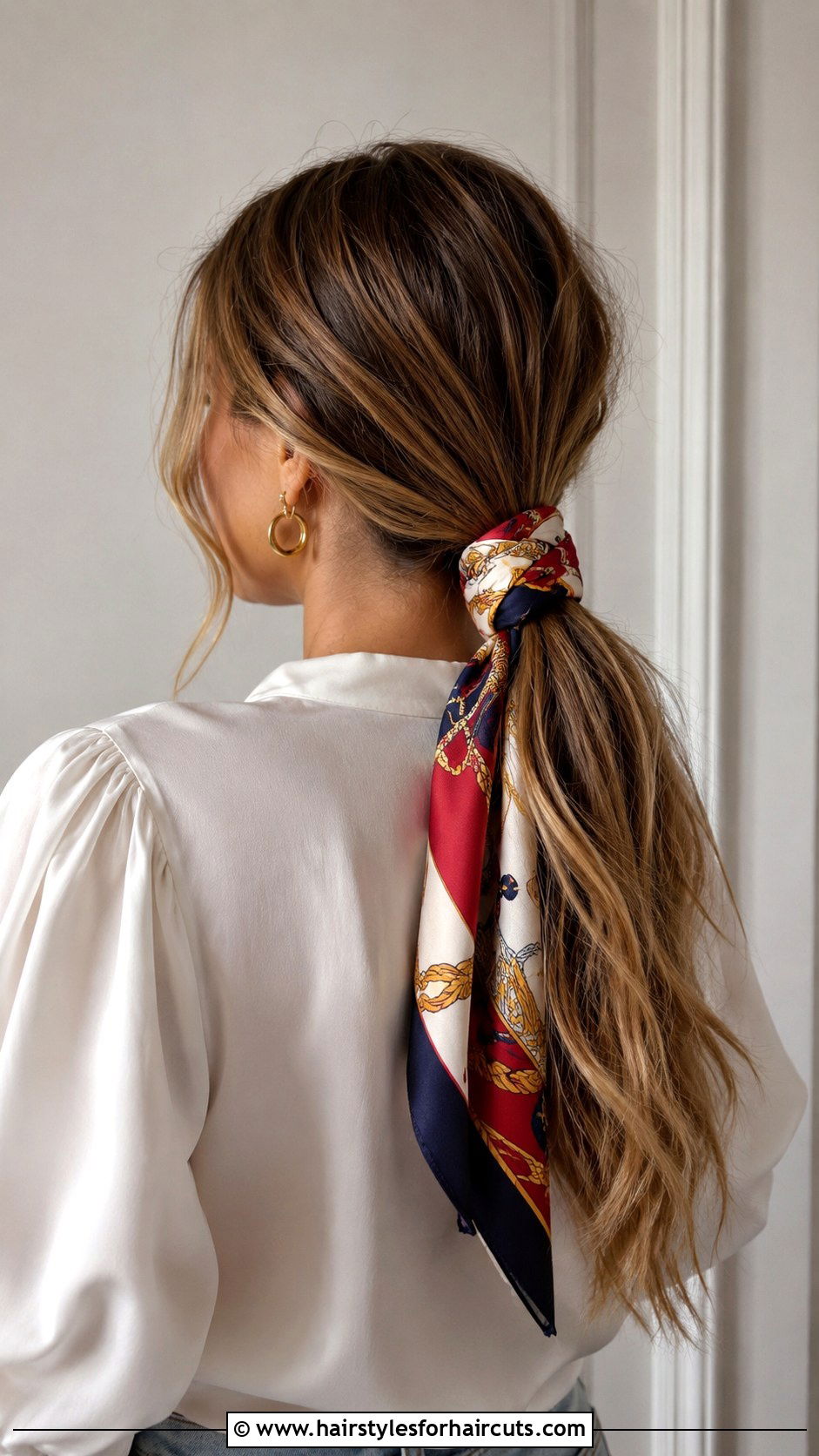 Scarf Tied Low Ponytail - 25 beachy hairstyles for long hair - 25 beachy hairstyles for long hair