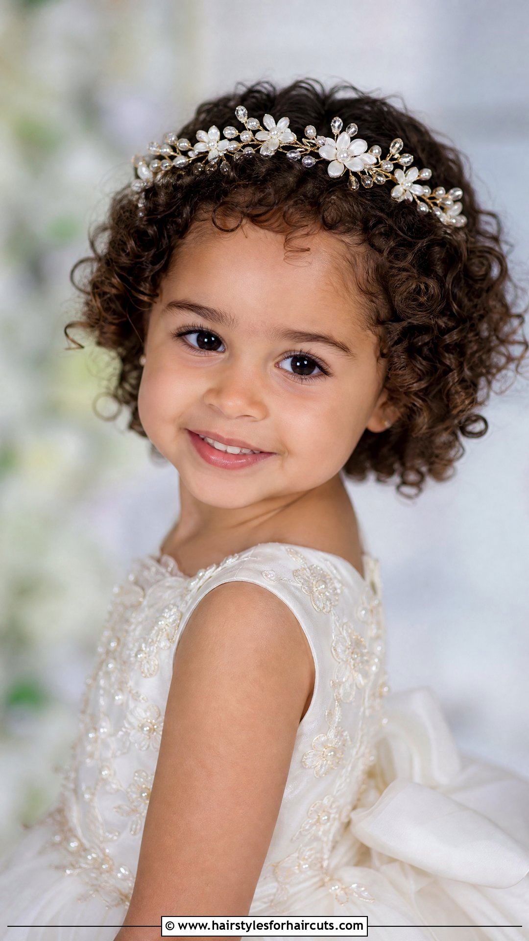 Short Curls With Floral Tiara - 25 flower girl hairstyles for short hair - 25 flower girl hairstyles for short hair