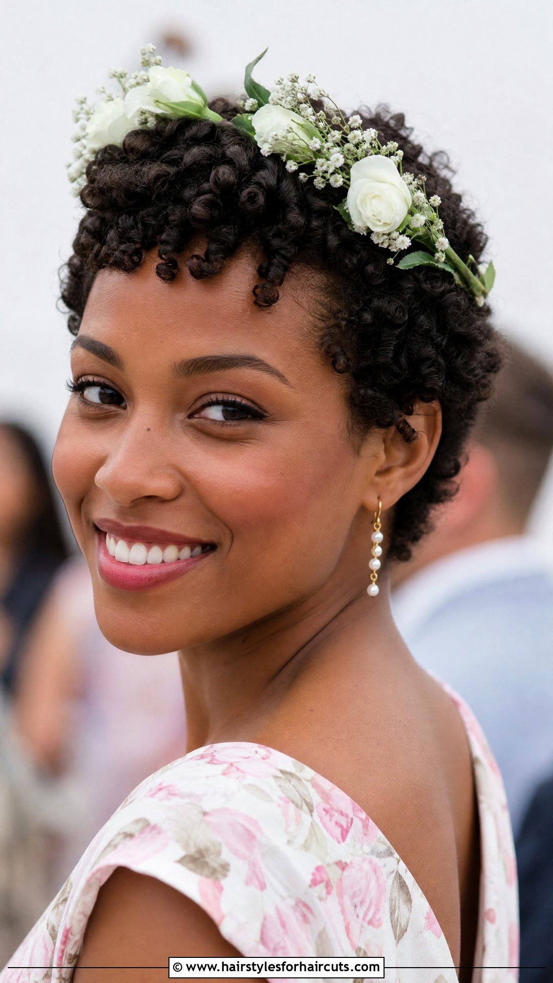 Short Curly Pixie With Floral Crown - 25 wedding hairstyles short hair - 25 wedding hairstyles short hair