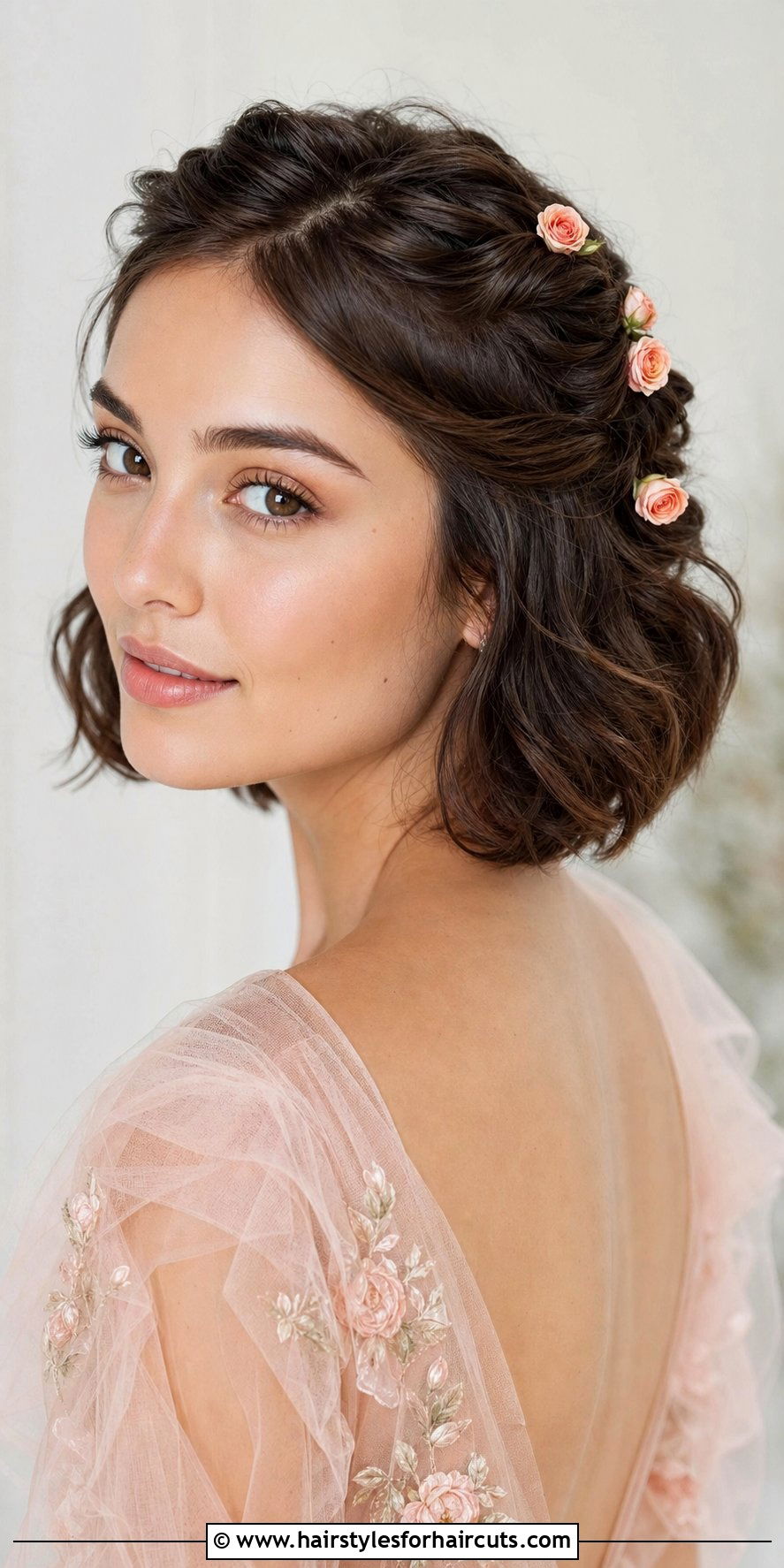 Short Hair Half Up Twist With Roses - 25 quince hairstyles for short hair - 25 quince hairstyles for short hair