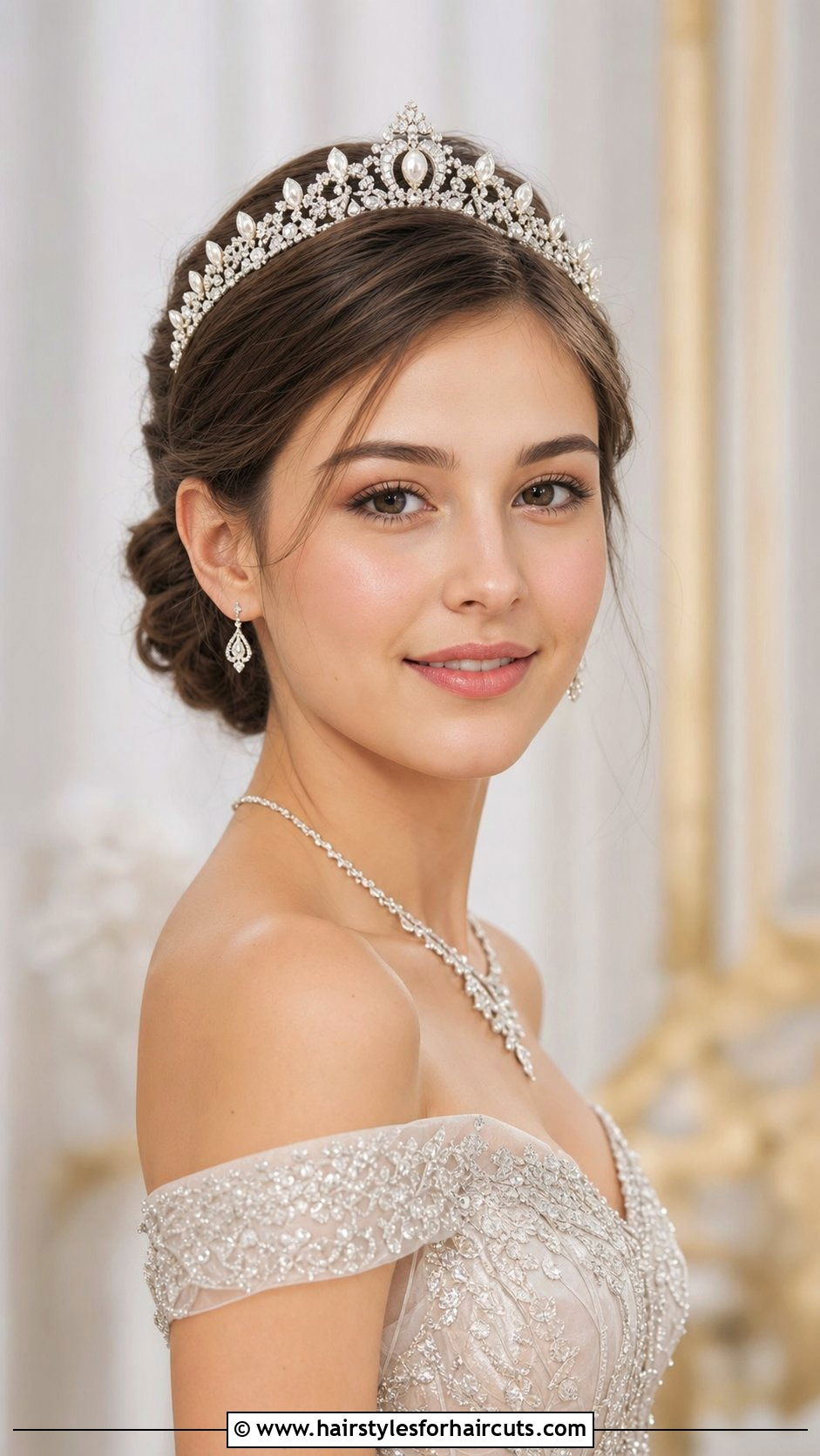 Short Hair Low Bun With Tiara - 25 quince hairstyles for short hair - 25 quince hairstyles for short hair