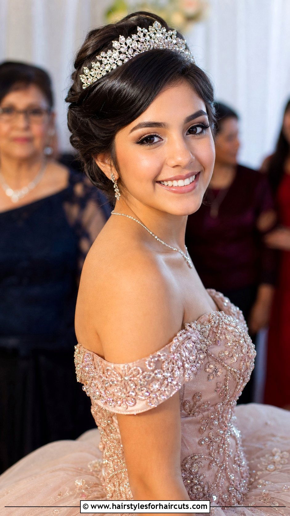Short Hair Quince Updo With Tiara - 25 quince hairstyles for short hair - 25 quince hairstyles for short hair