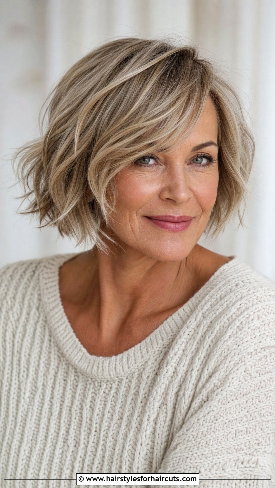 Short Textured Bob With Side Swept Bangs - 25 short haircuts for wavy hair over 50 - 25 short haircuts for wavy hair over 50