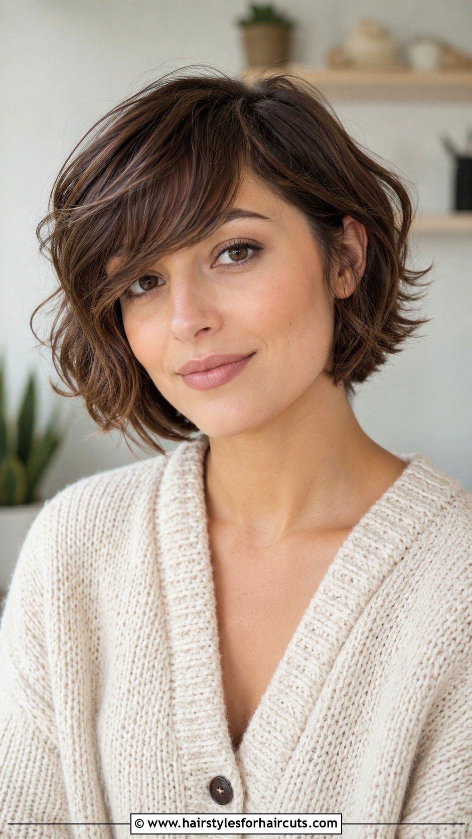 Short Wavy Cut With Side Swept Bangs - 25 hairstyles for wavy hair over 50 - 25 hairstyles for wavy hair over 50