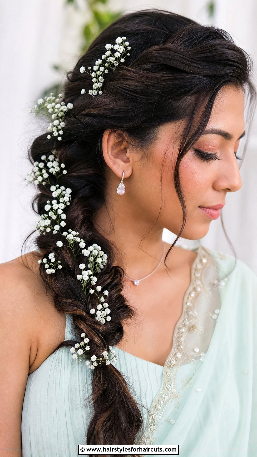 Side Braid With Baby Breath - 25 mehndi hairstyles - 25 mehndi hairstyles