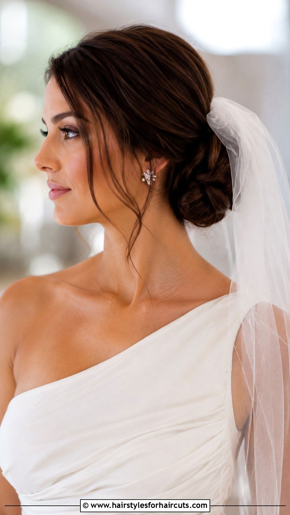 Side Bun With Asymmetric Veil - 25 long hair bridal hairstyles with veil - 25 long hair bridal hairstyles with veil