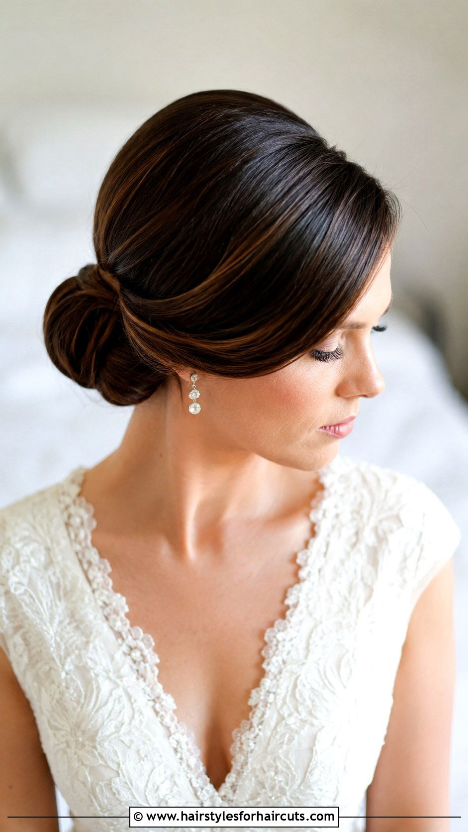 Side Part Low Bun - 25 elegant wedding hairstyles for long hair - 25 elegant wedding hairstyles for long hair