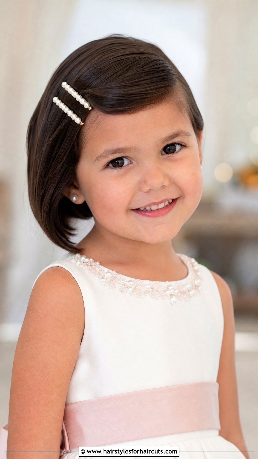 Side Part Short Bob With Pearl Pins - 25 flower girl hairstyles for short hair - 25 flower girl hairstyles for short hair