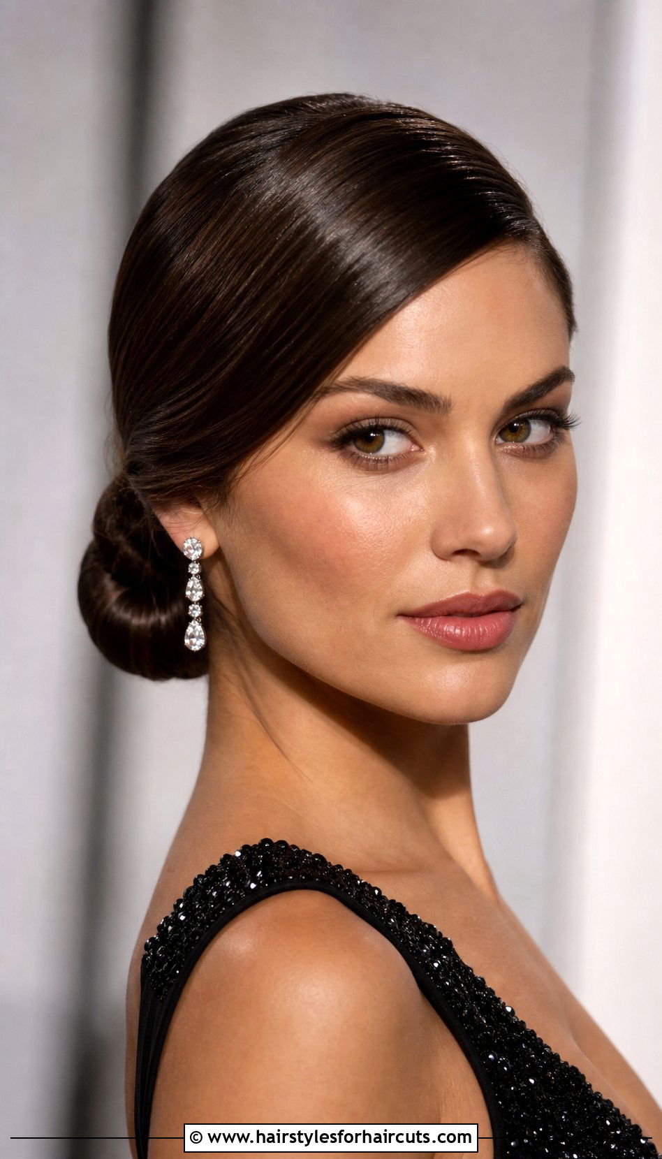 Side Parted Sleek Low Bun - 25 wedding hairstyles for shoulder length hair - 25 wedding hairstyles for shoulder length hair