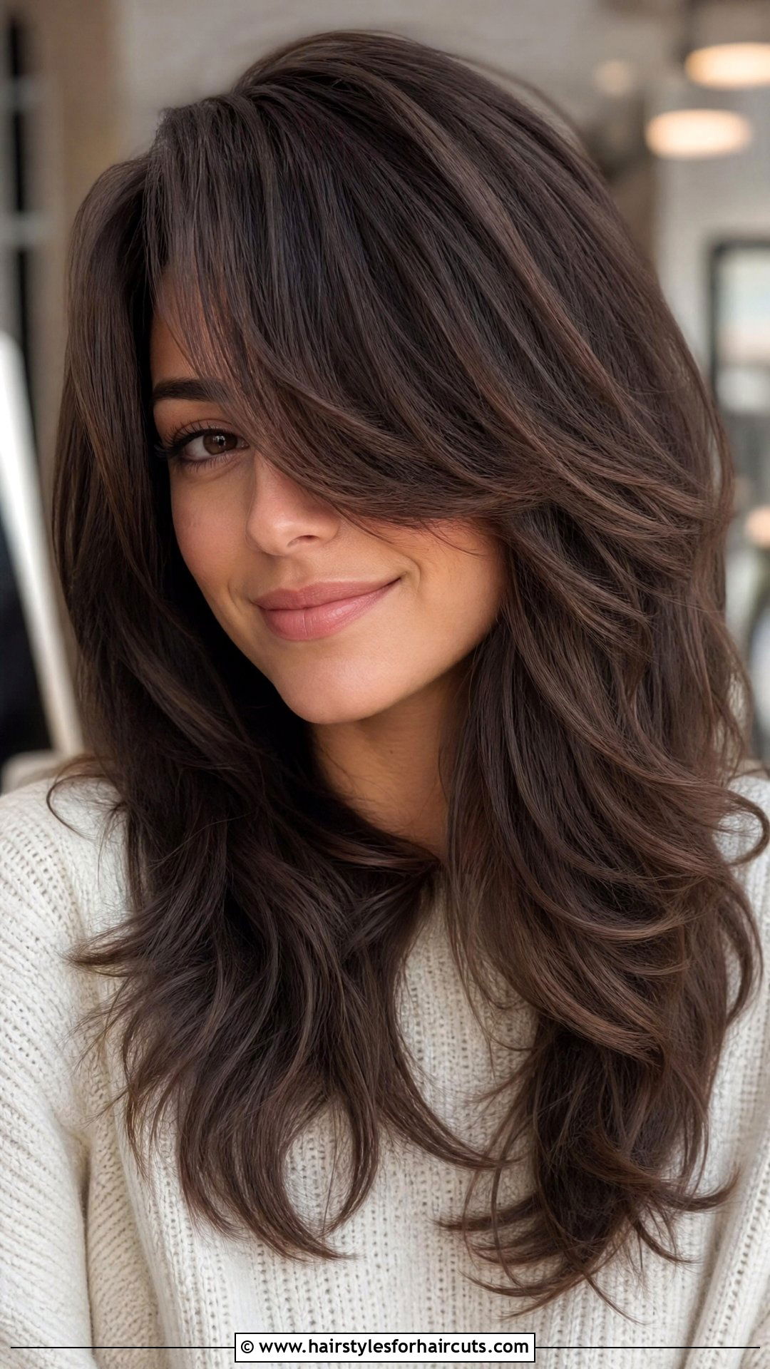 Side Swept Bangs Layered Hair - 25 haircuts for big forehead - 25 haircuts for big forehead