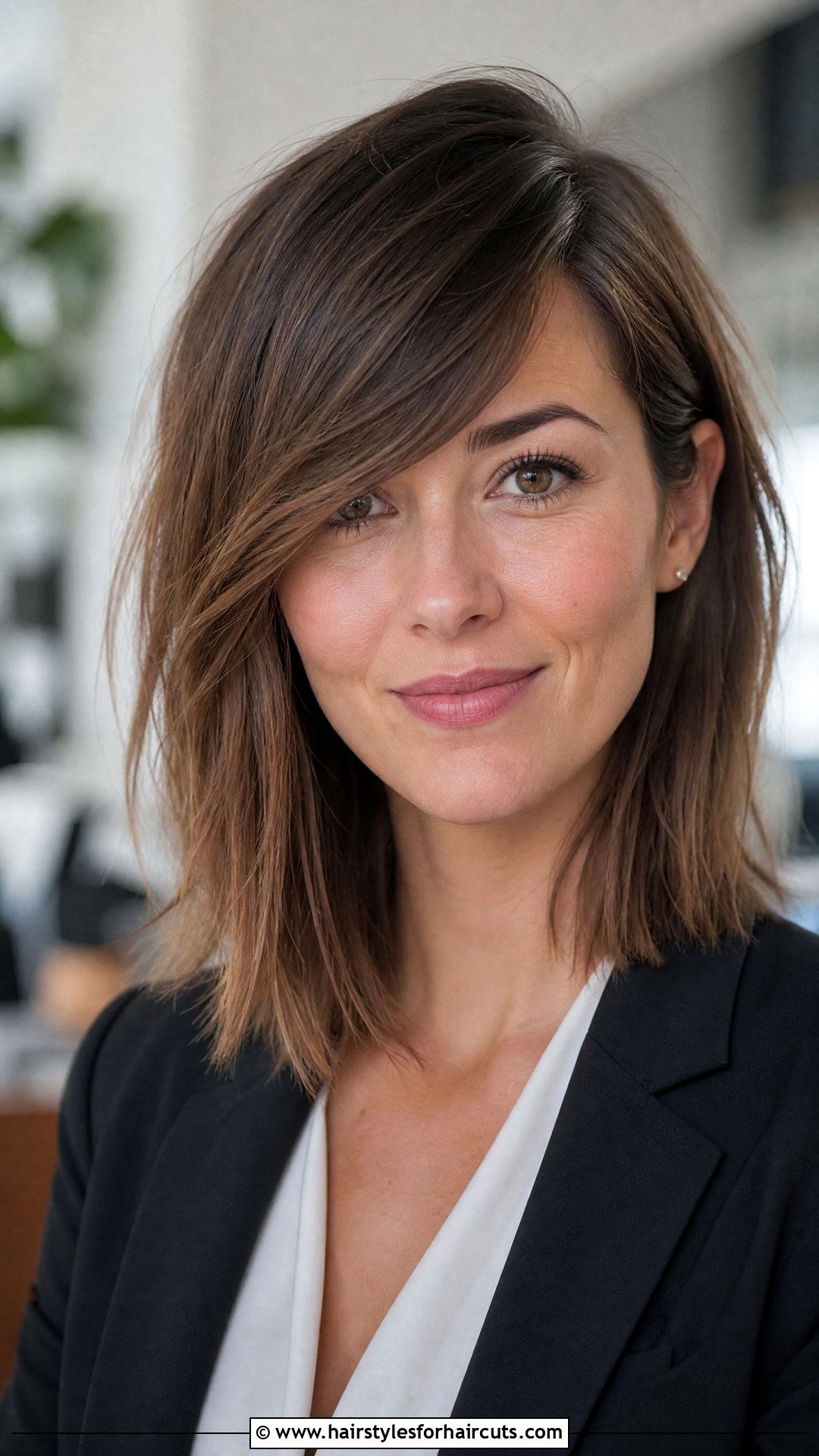 Side Swept Bangs Lob - 25 hairstyles for big forehead and thin hair - 25 hairstyles for big forehead and thin hair