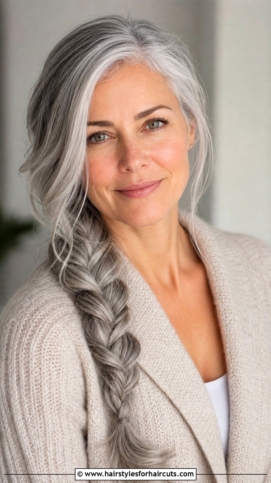 Side Swept Braid - 25 braided hairstyles for gray hair over 50 - 25 braided hairstyles for gray hair over 50