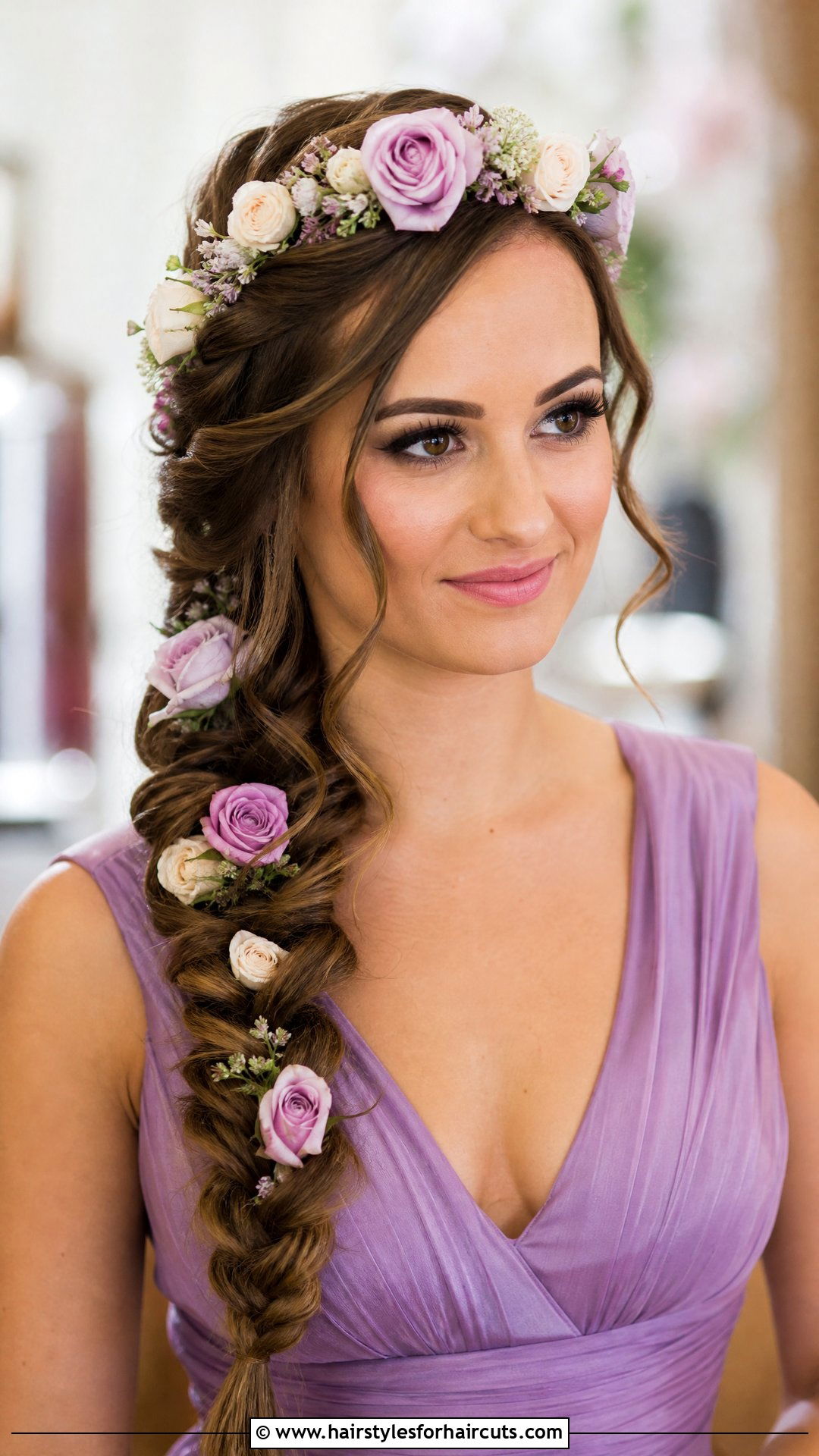 Side Swept Braid Flower Crown - 25 flower crown hairstyles for long hair - 25 flower crown hairstyles for long hair
