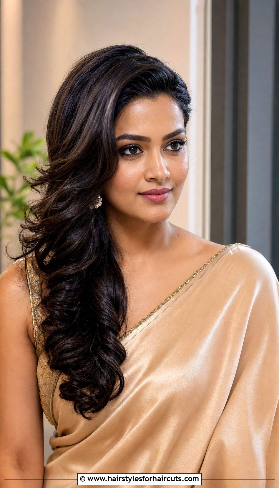 Side Swept Curls - 25 hairstyles for saree - 25 hairstyles for saree