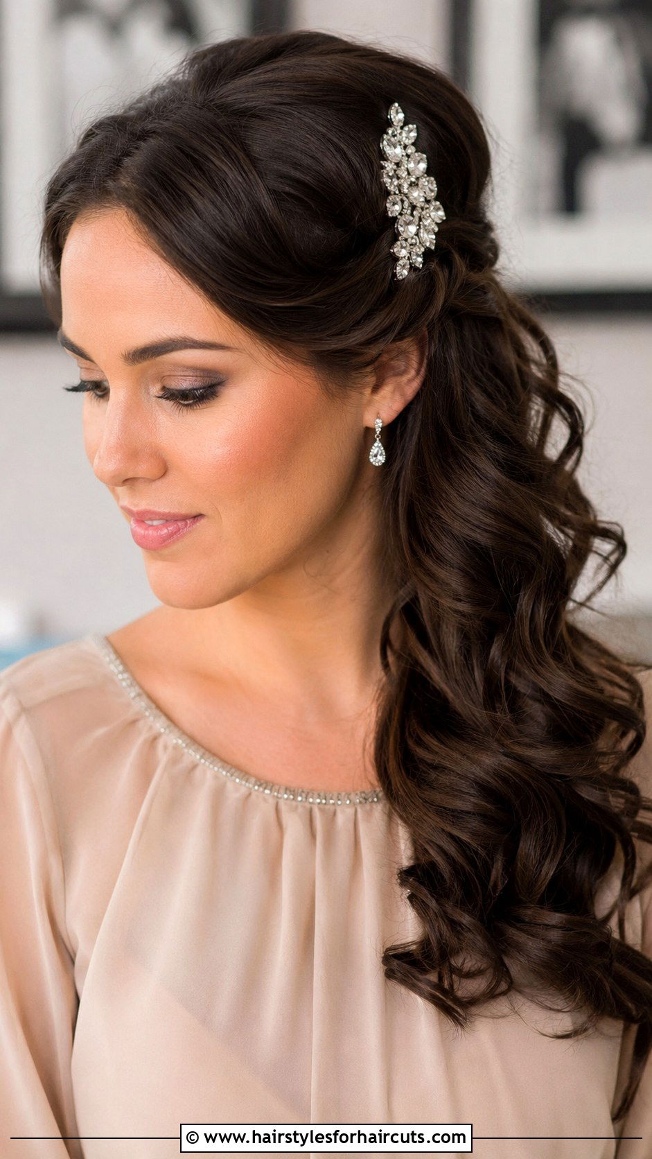 Side Swept Curls With Jeweled Clip - 25 hair clip hairstyles for long hair - 25 hair clip hairstyles for long hair