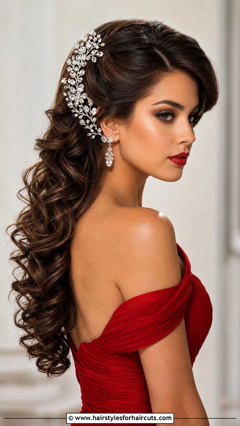 Side Swept Curls With Statement Clip - 25 long hair mexican quinceanera hairstyles - 25 long hair mexican quinceanera hairstyles