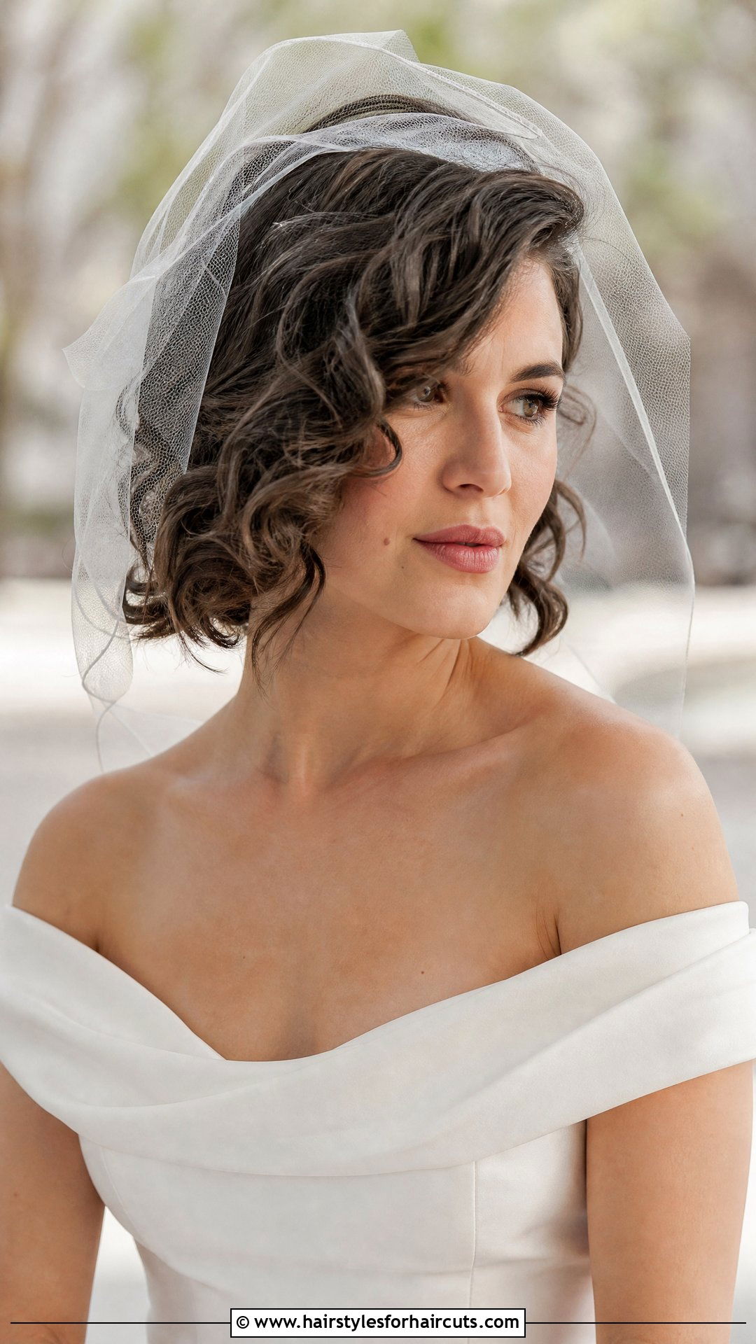 Side Swept Curly Bob With Fingertip Veil - 25 wedding hairstyles for short hair with veil - 25 wedding hairstyles for short hair with veil