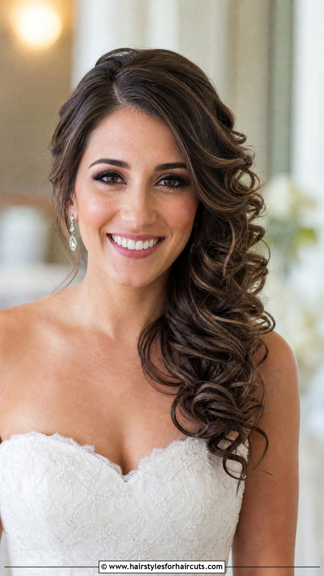 Side Swept Curly Wedding Hairstyle - 25 wedding hairstyles for shoulder length curly hair - 25 wedding hairstyles for shoulder length curly hair