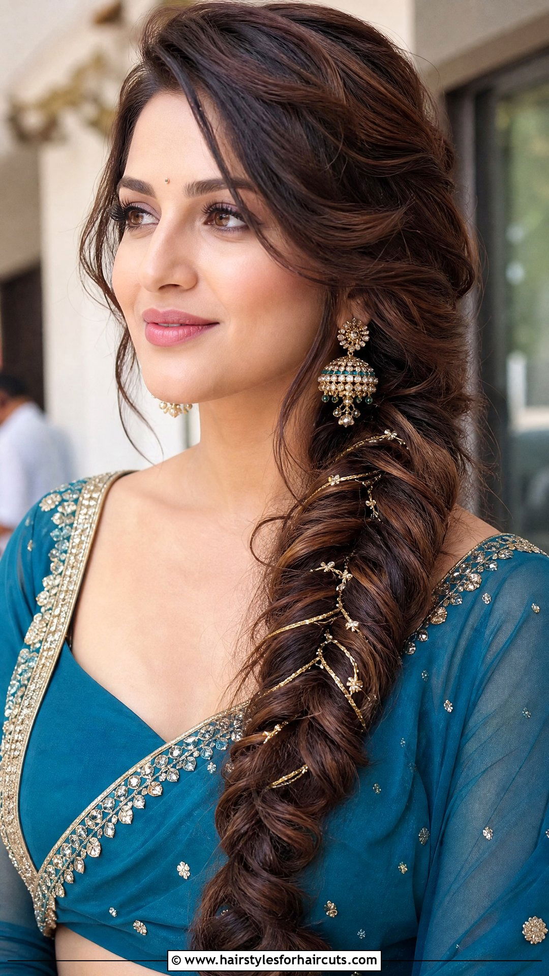 Side Swept Fishtail Braid - 25 mehndi hairstyles - 25 mehndi hairstyles