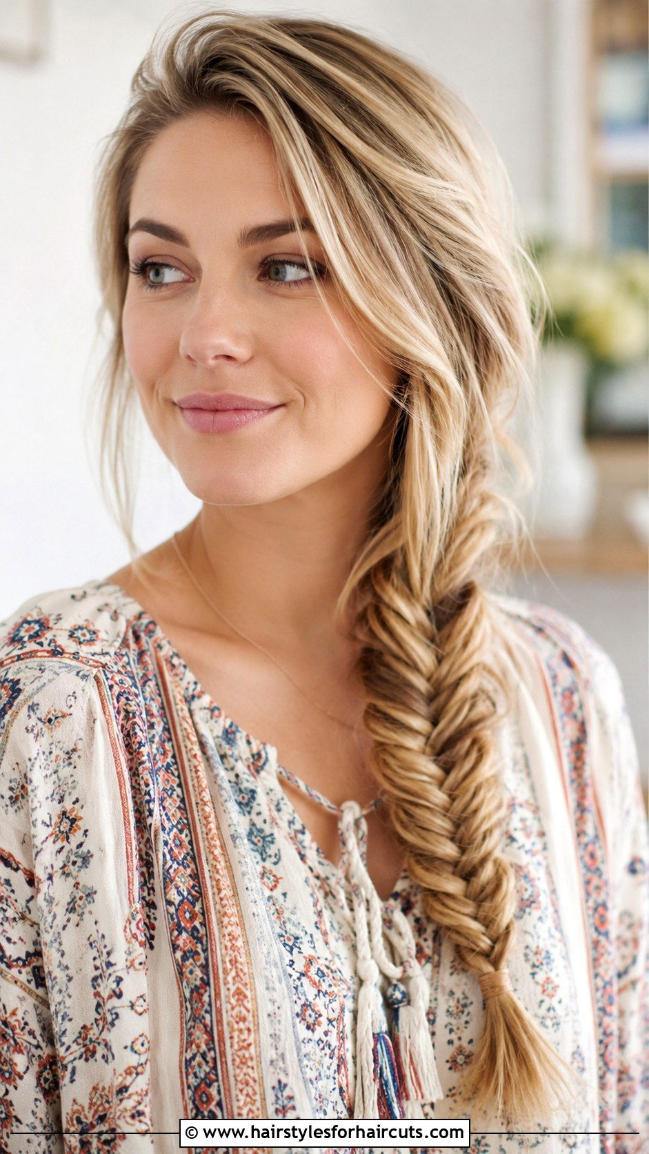 Side Swept Fishtail Braid - 25 cute hairstyles for medium length straight hair - 25 cute hairstyles for medium length straight hair