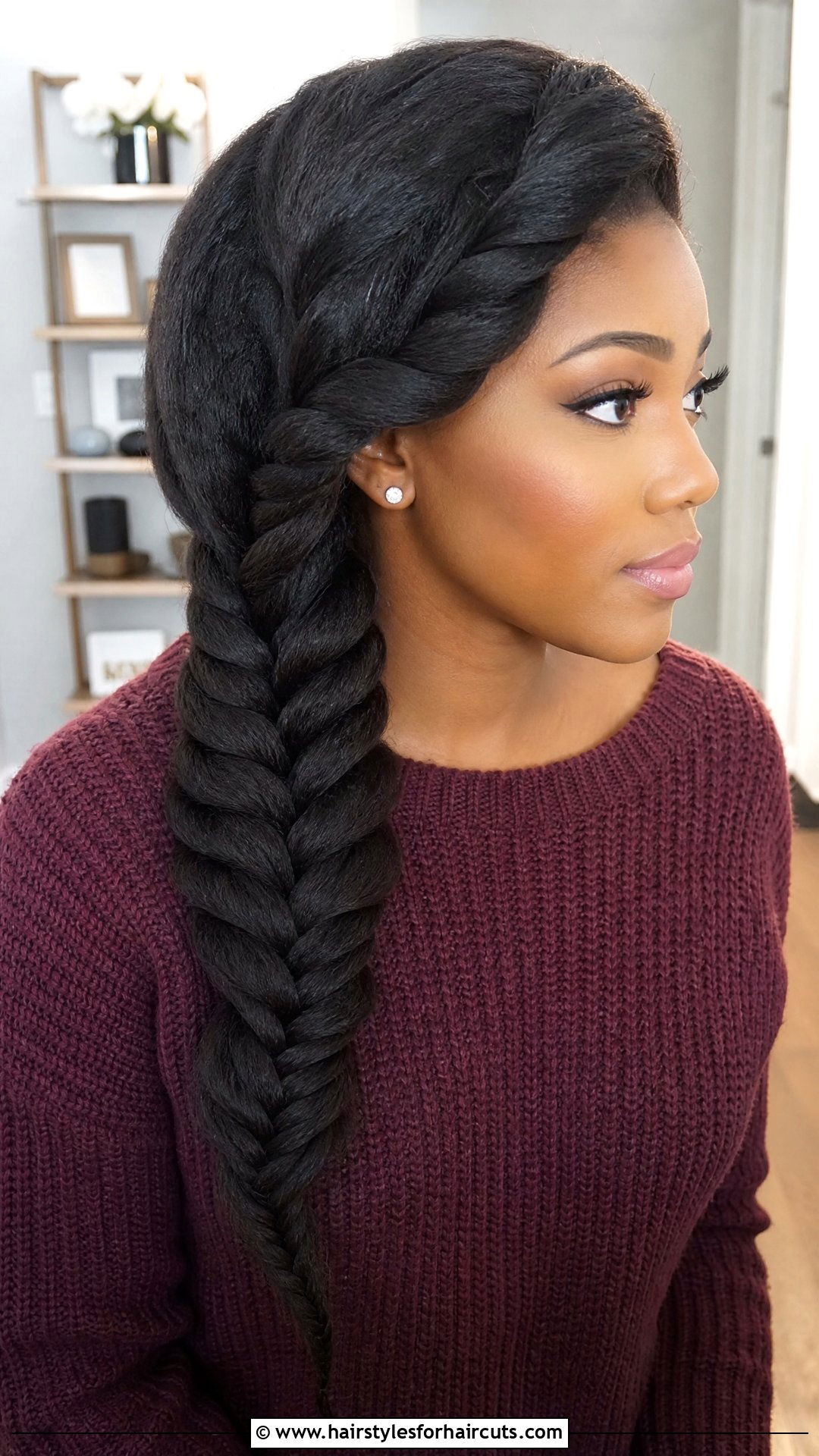 Side Swept Fishtail Braid On Natural Hair - 25 fishtail braid hairstyles for black hair - 25 fishtail braid hairstyles for black hair