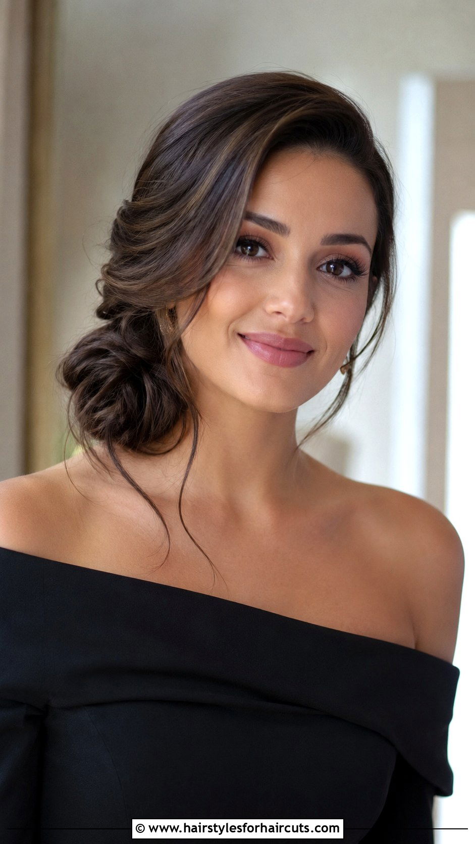 Side Swept Low Bun - 25 bun hairstyles for relaxed hair - 25 bun hairstyles for relaxed hair