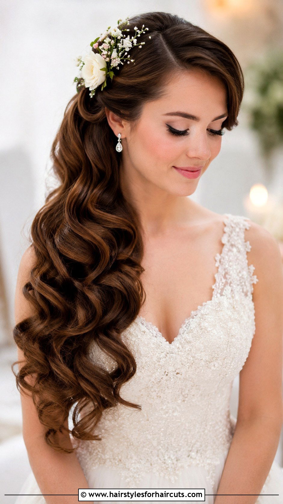 Side Swept Waves with Floral Accent - 25 bridesmaid hairstyles shoulder length hair - 25 bridesmaid hairstyles shoulder length hair