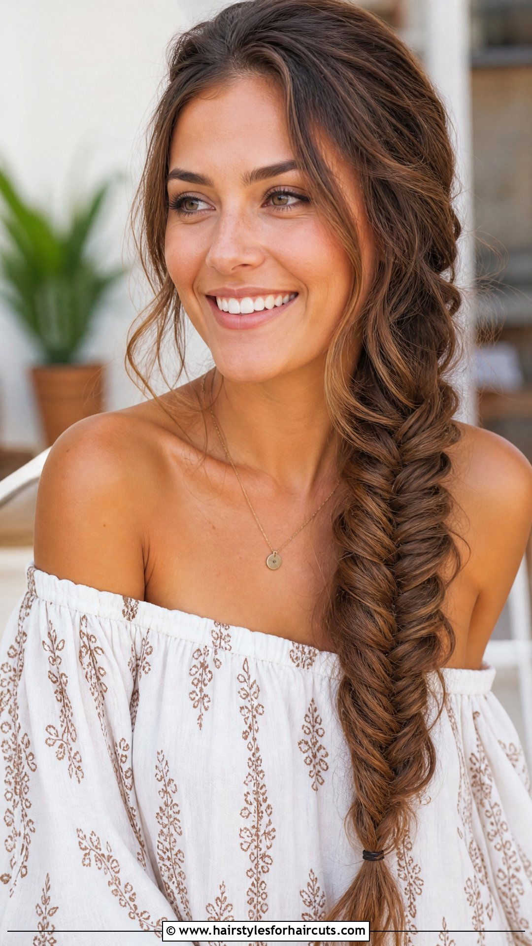 Sideswept Fishtail Braid - 25 hairstyles for round faces long hair - 25 hairstyles for round faces long hair
