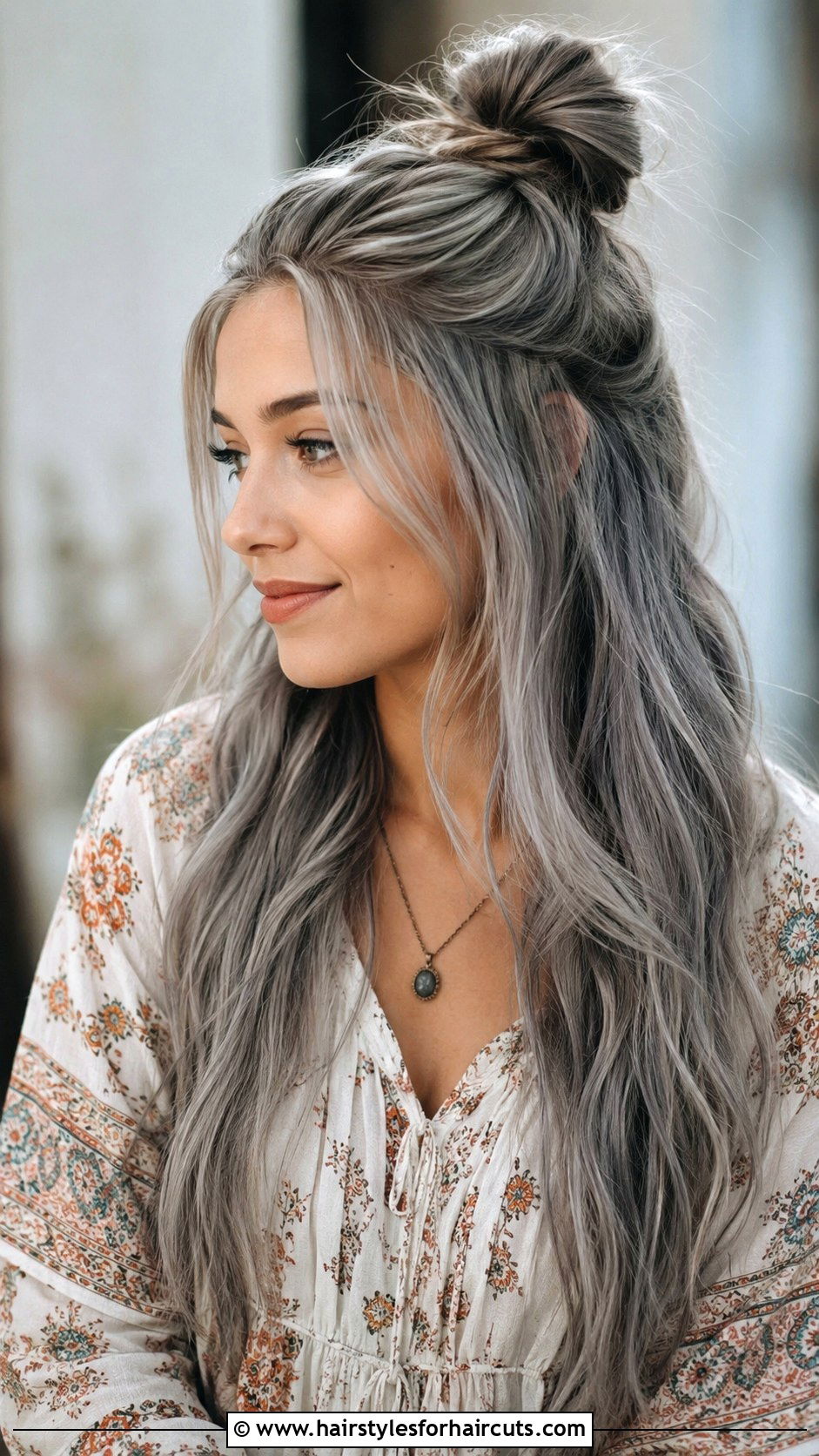 Silver Gray Half Up Half Down Hair - 25 gray hairstyles for young woman - 25 gray hairstyles for young woman