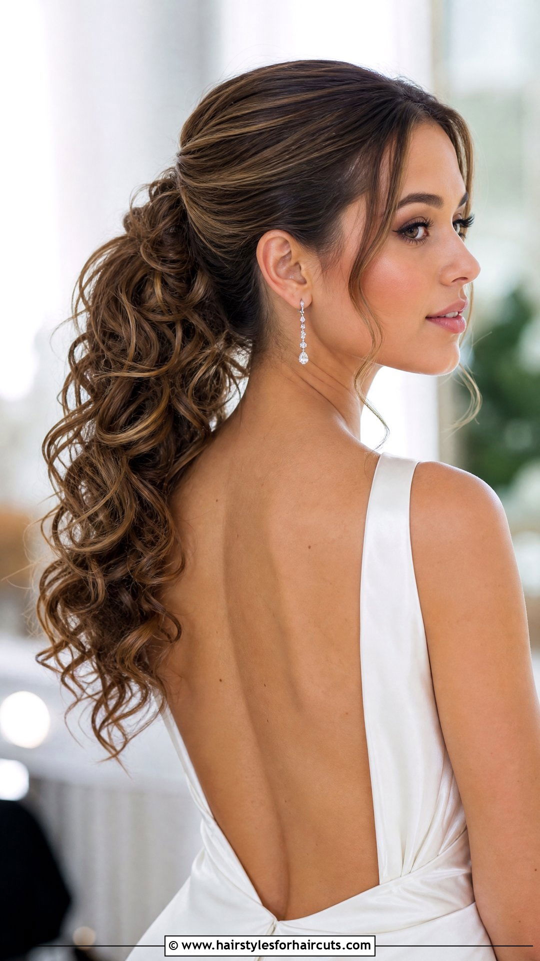 Sleek Curly Ponytail Wedding Hairstyle - 25 wedding hairstyles for shoulder length curly hair - 25 wedding hairstyles for shoulder length curly hair