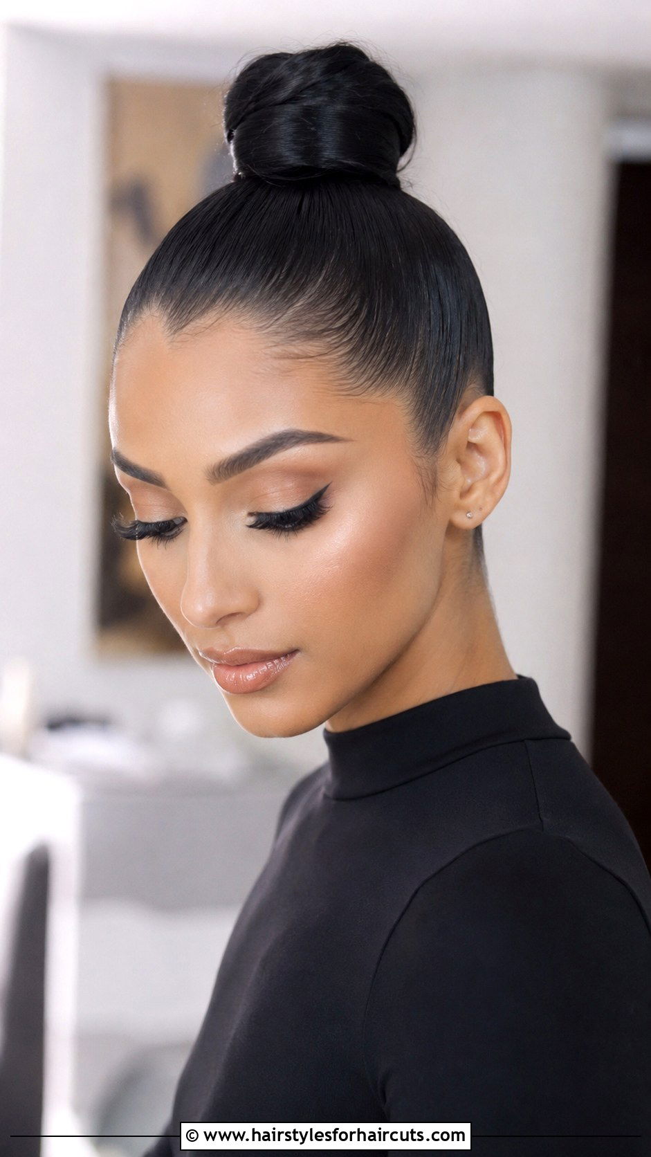 Sleek High Bun - 25 bun hairstyles for short hair - 25 bun hairstyles for short hair