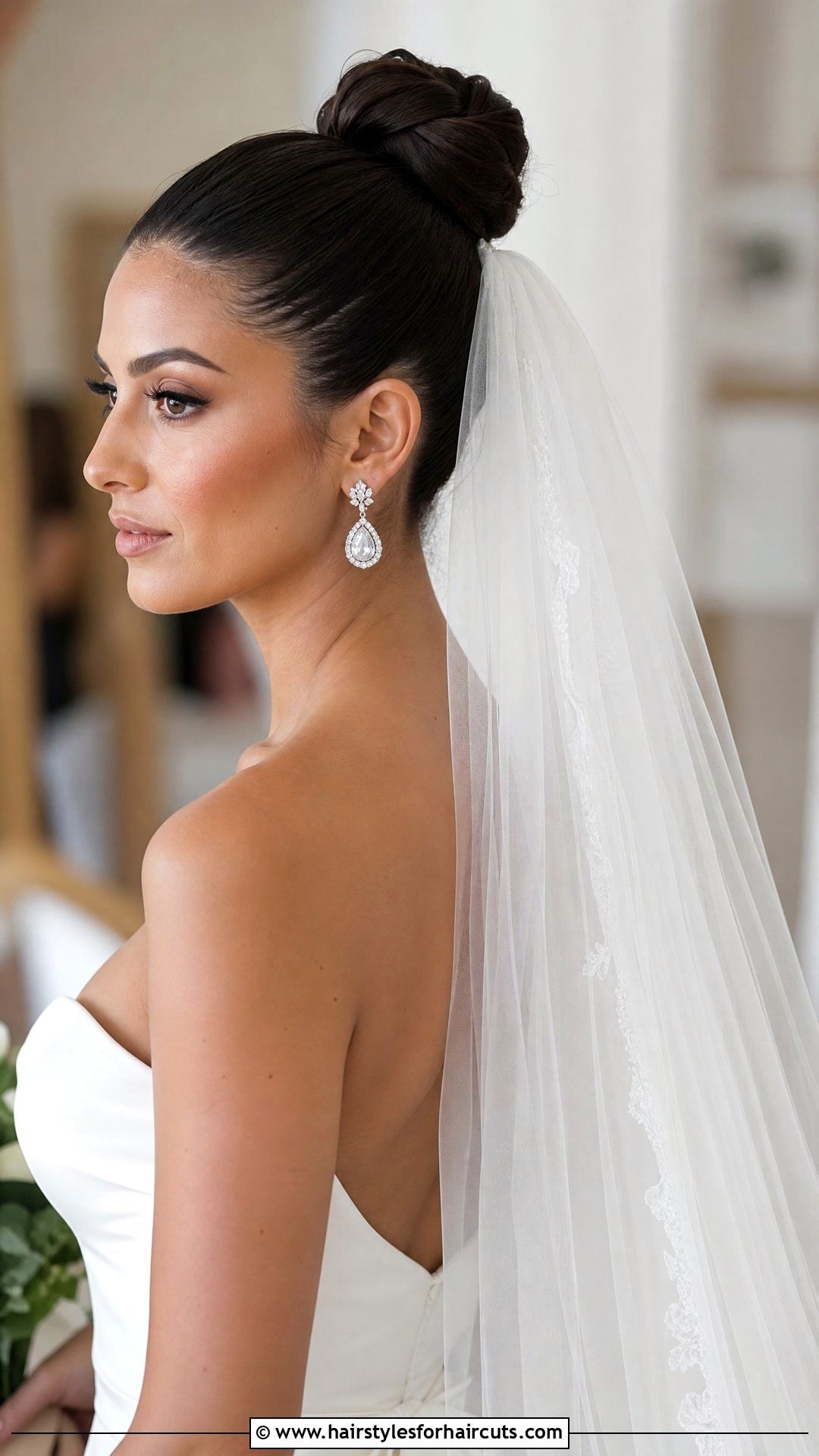 Sleek High Bun With Veil - 25 wedding hairstyles for dark hair - 25 wedding hairstyles for dark hair
