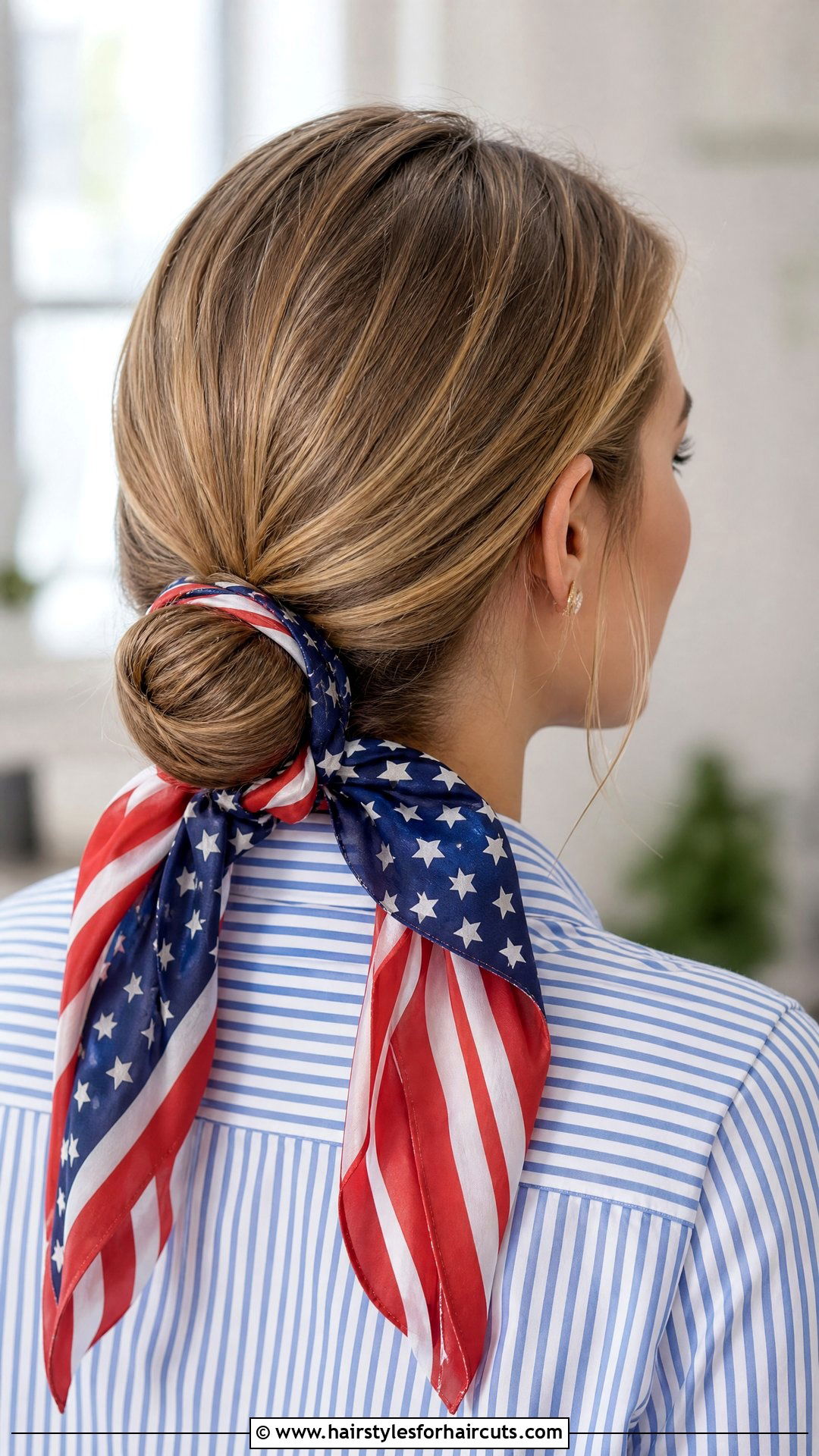 Sleek Low Bun With Patriotic Scarf - 25 fourth of july hairstyles - 25 fourth of july hairstyles
