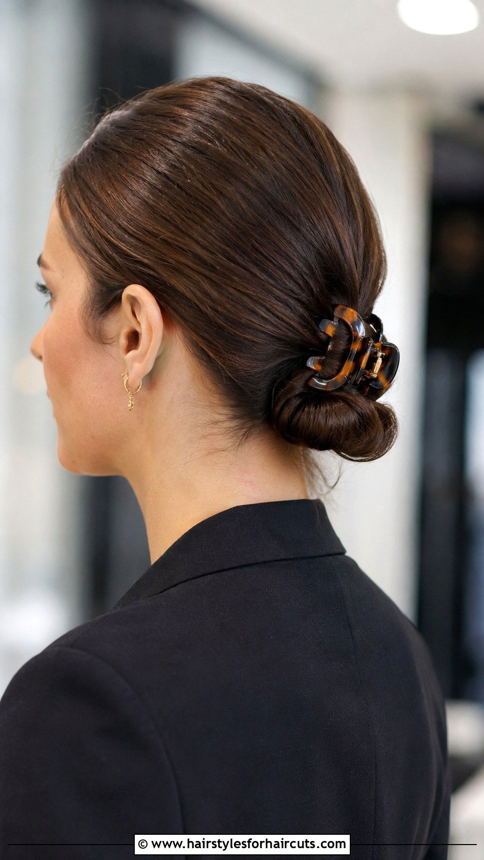 Sleek Low Bun With Tortoiseshell Clip - 25 hair clip hairstyles for long hair - 25 hair clip hairstyles for long hair