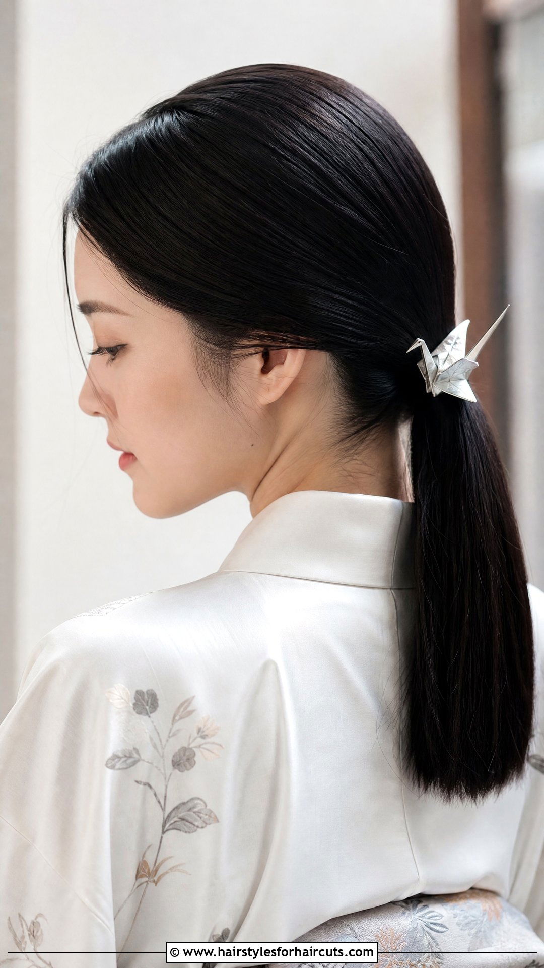 Sleek Low Ponytail With Origami Pin Kimono - 25 kimono hairstyles - 25 kimono hairstyles