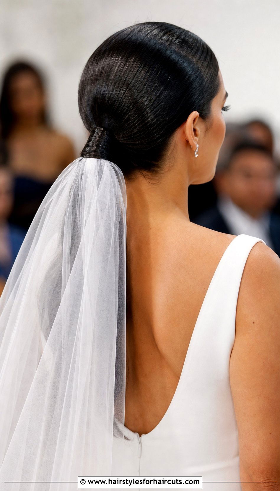 Sleek Low Ponytail With Veil Attachment - 25 hair down wedding hairstyles with veil - 25 hair down wedding hairstyles with veil