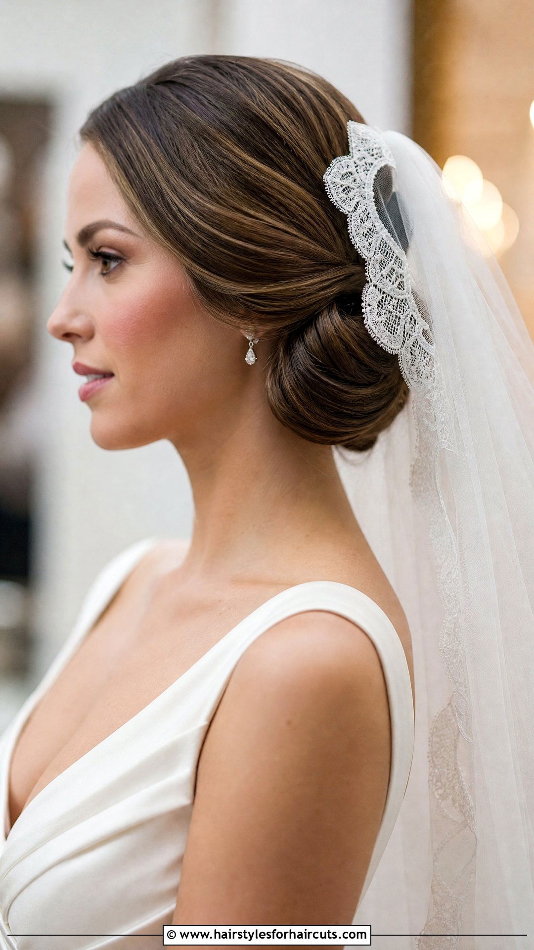 Sleek Low Twist Bob With Mantilla Veil - 25 wedding hairstyles for short hair with veil - 25 wedding hairstyles for short hair with veil