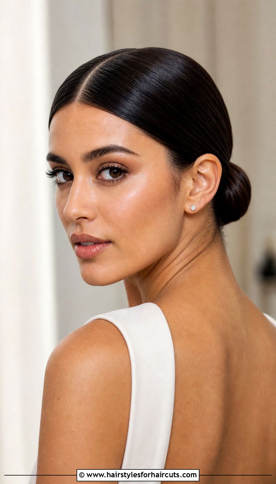 Sleek Middle Part Bun - 25 wedding hairstyles for shoulder length straight hair - 25 wedding hairstyles for shoulder length straight hair