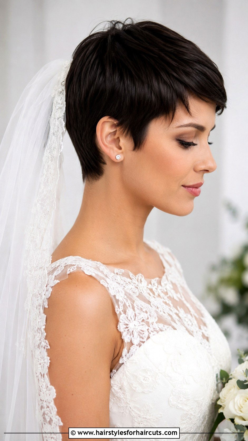 Sleek Pixie Cut With Veil - 25 bridal hairstyles short hair - 25 bridal hairstyles short hair