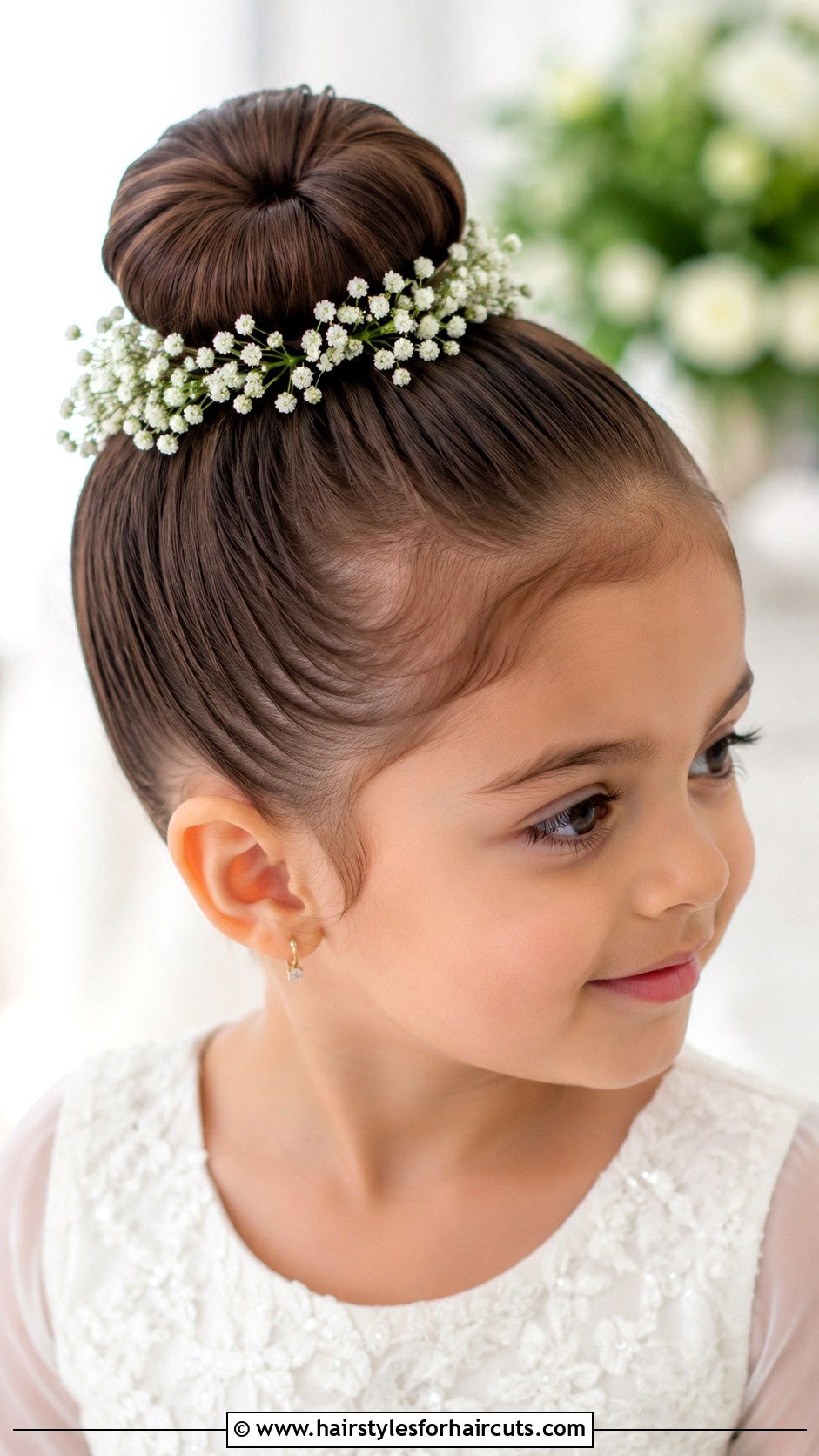 Sleek Top Knot With Baby Breath - 25 thin hair flower girl hairstyles - 25 thin hair flower girl hairstyles