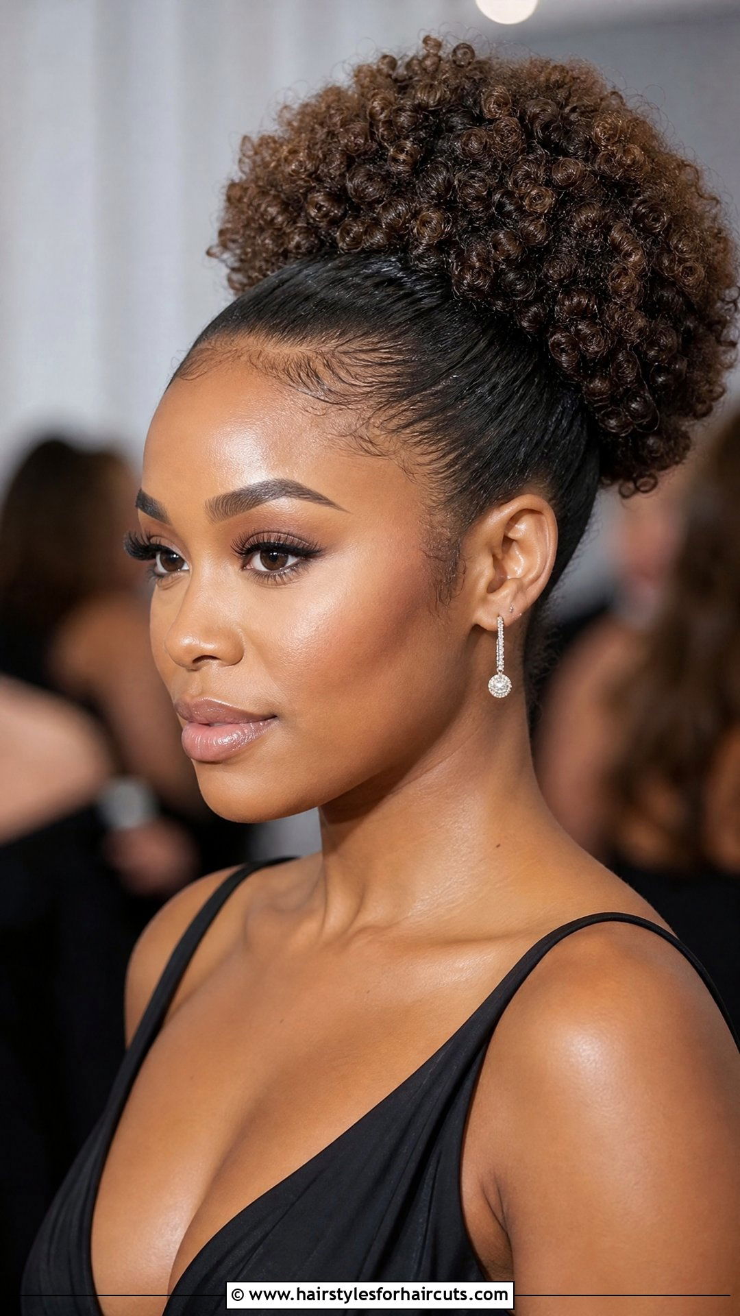 Slicked Back Curly Puff - 25 curly hairstyles for wedding guest - 25 curly hairstyles for wedding guest