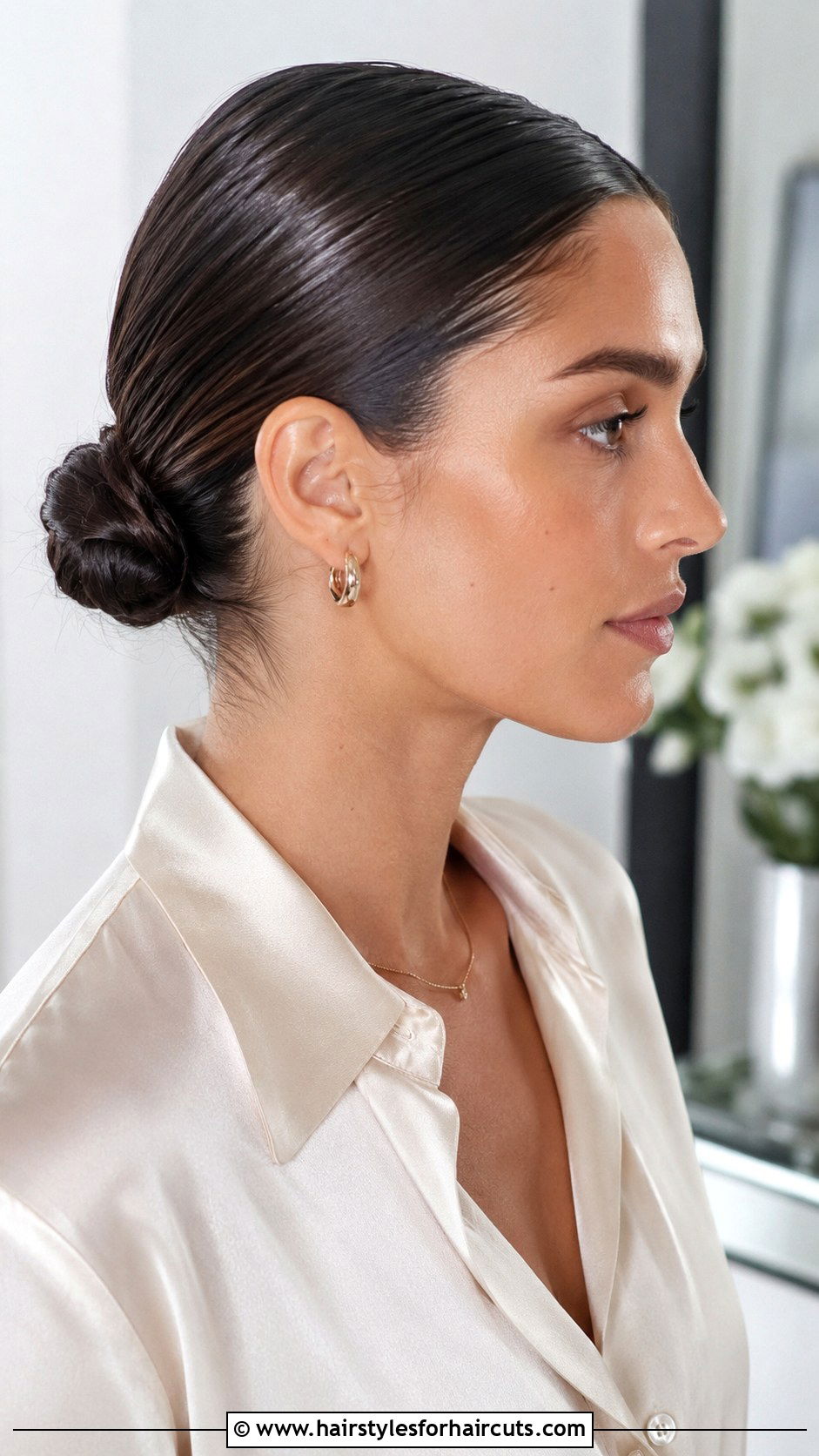 Slicked Back Low Bun - 25 cute wet hair hairstyles - 25 cute wet hair hairstyles