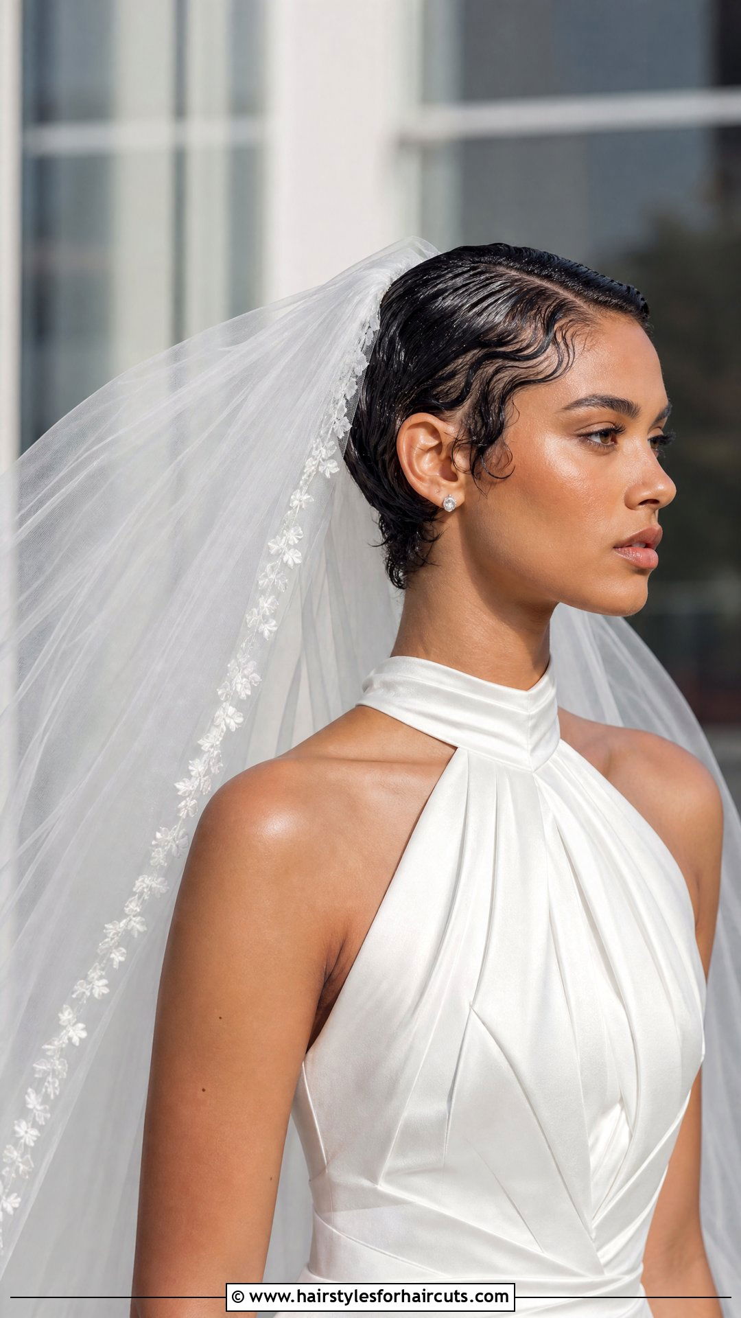 Slicked Back Pixie With Cathedral Veil - 25 wedding hairstyles for short hair with veil - 25 wedding hairstyles for short hair with veil